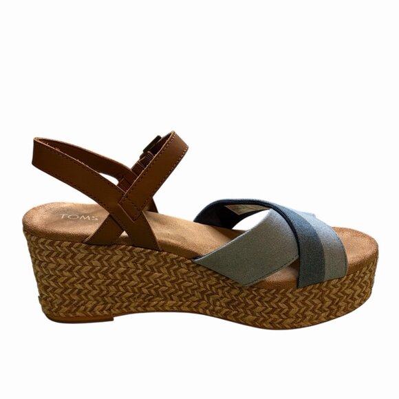 Toms Sandals Size 9.5 Willow Platform Wedge Blue Denim Tan Leather Espadrille - Picture 4 of 8